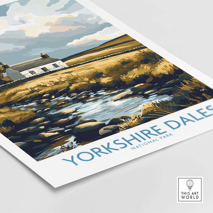 Yorkshire Dales National Park print featuring a stone cottage and river, showcasing English countryside beauty.