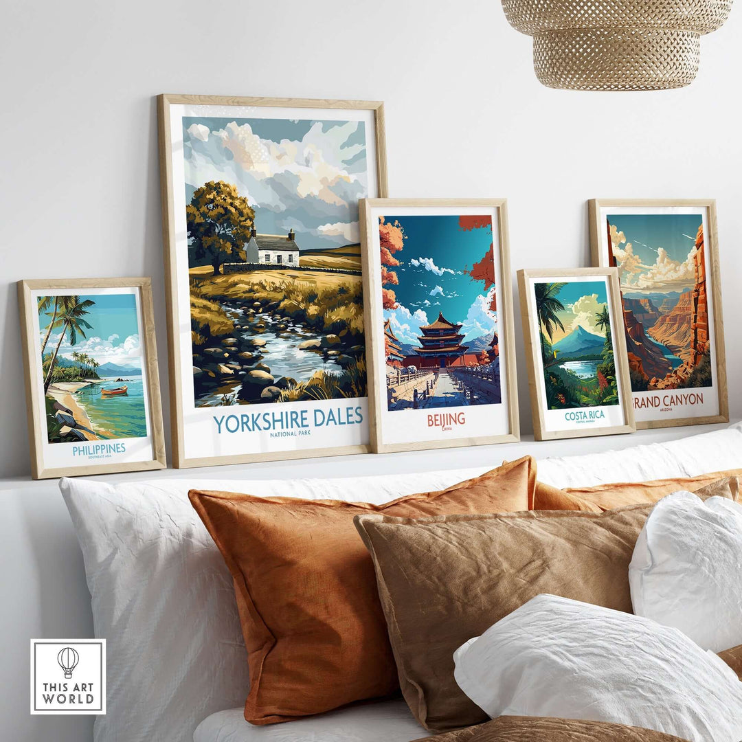 Framed prints of scenic locations including Yorkshire Dales, Beijing, Costa Rica, and the Grand Canyon on a stylish wall display.