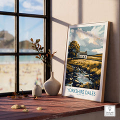 Yorkshire Dales National Park England Print showcasing a picturesque scene with a stone cottage by a river.