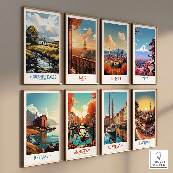 Collection of vibrant travel prints featuring Yorkshire Dales, Paris, Florence, Tokyo, Reykjavik, Amsterdam, Copenhagen, and Barcelona.