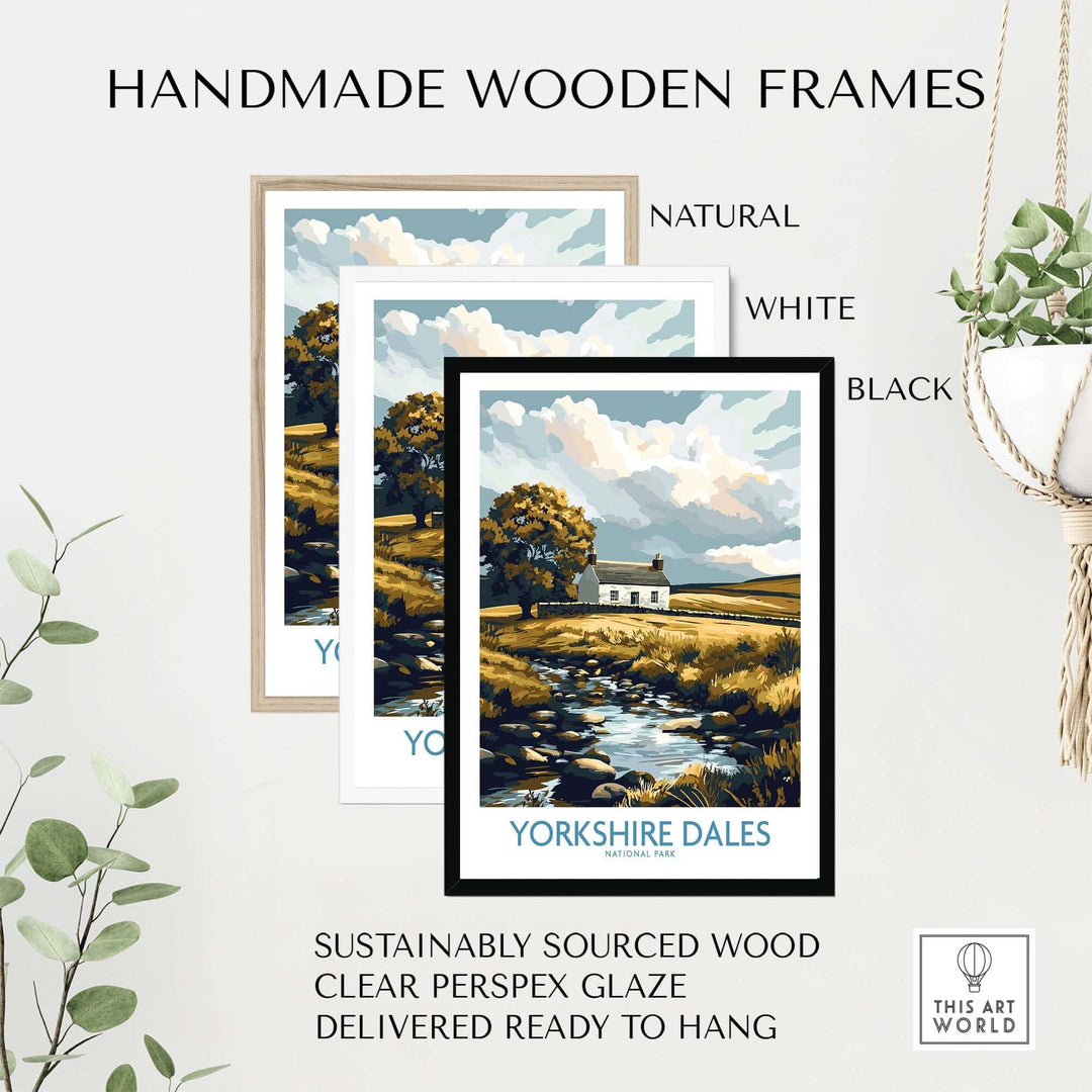 Three handmade wooden frames in natural, white, and black, showcasing a Yorkshire Dales print on a stylish display.