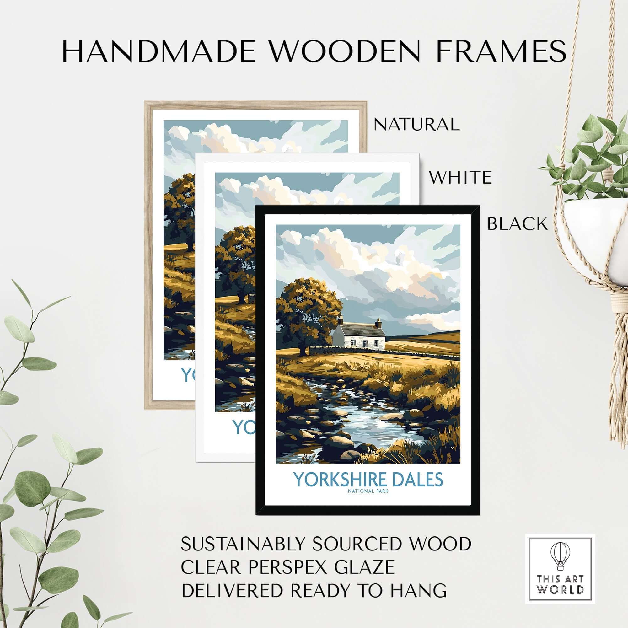 Handmade wooden frames for Yorkshire Dales National Park England Print in natural, white, and black options.