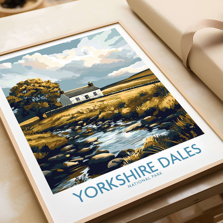 Yorkshire Dales National Park print featuring a stone cottage by a stream, showcasing English countryside beauty.