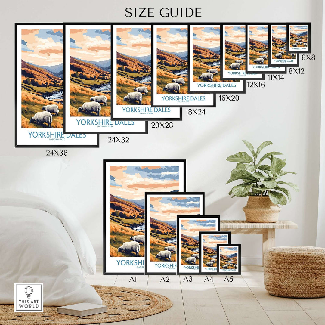 Size guide for Yorkshire Dales National Park travel poster featuring various dimensions and grazing sheep on a scenic landscape.