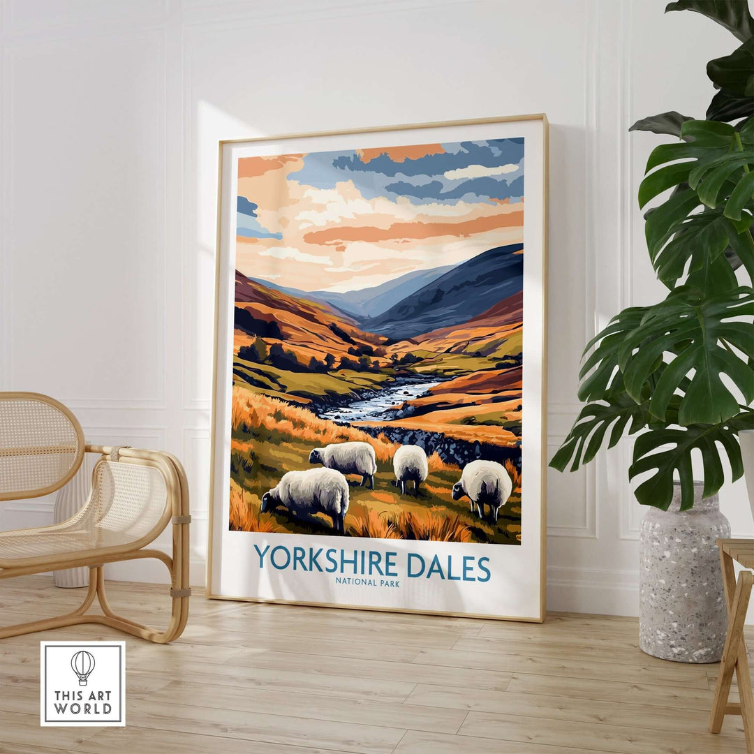 Yorkshire Dales National Park travel poster featuring scenic hills and grazing sheep in a cozy interior setting.