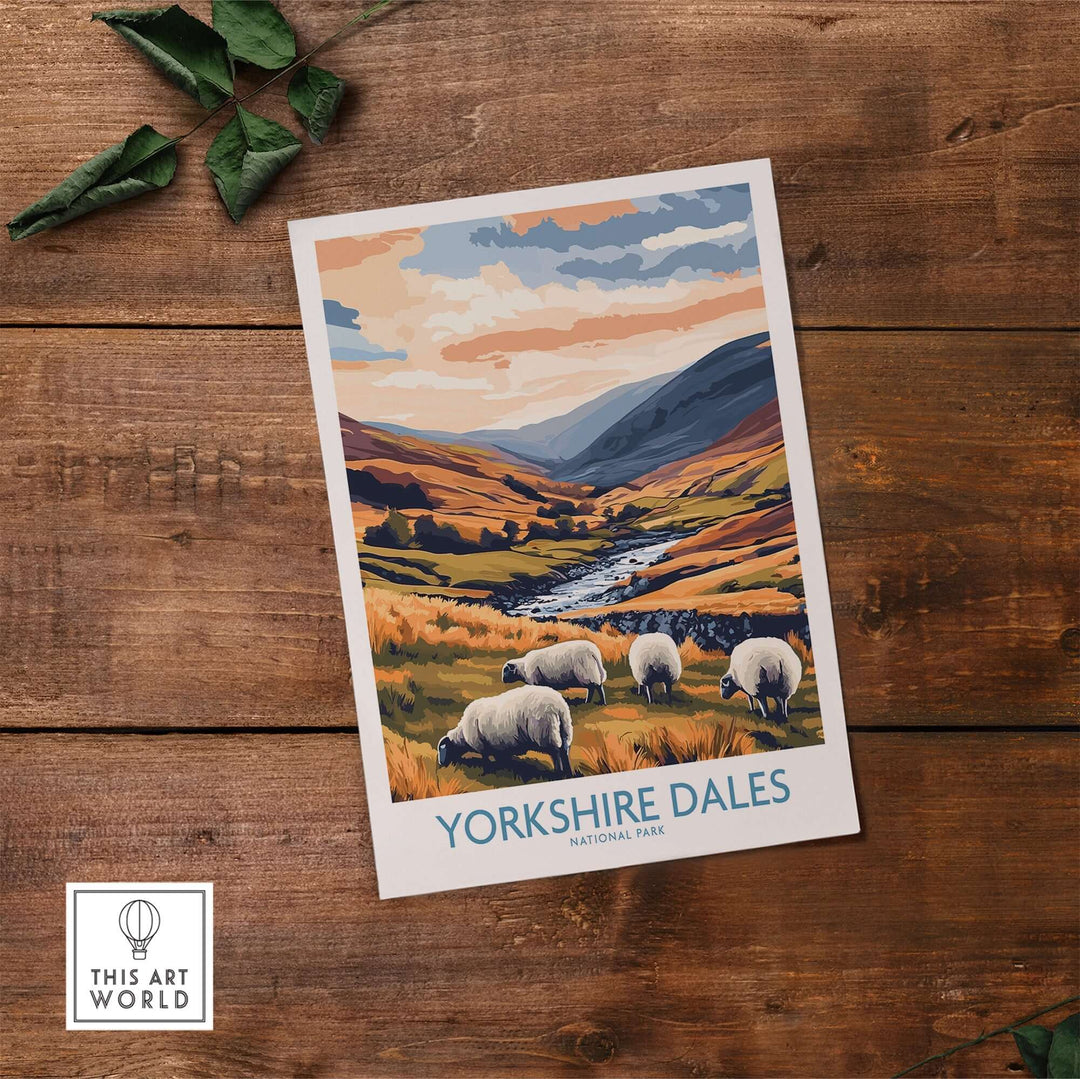 Yorkshire Dales National Park travel poster featuring grazing sheep and stunning countryside landscapes.