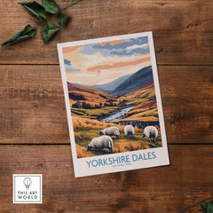 Yorkshire Dales National Park England Travel Poster featuring grazing sheep in a stunning landscape.
