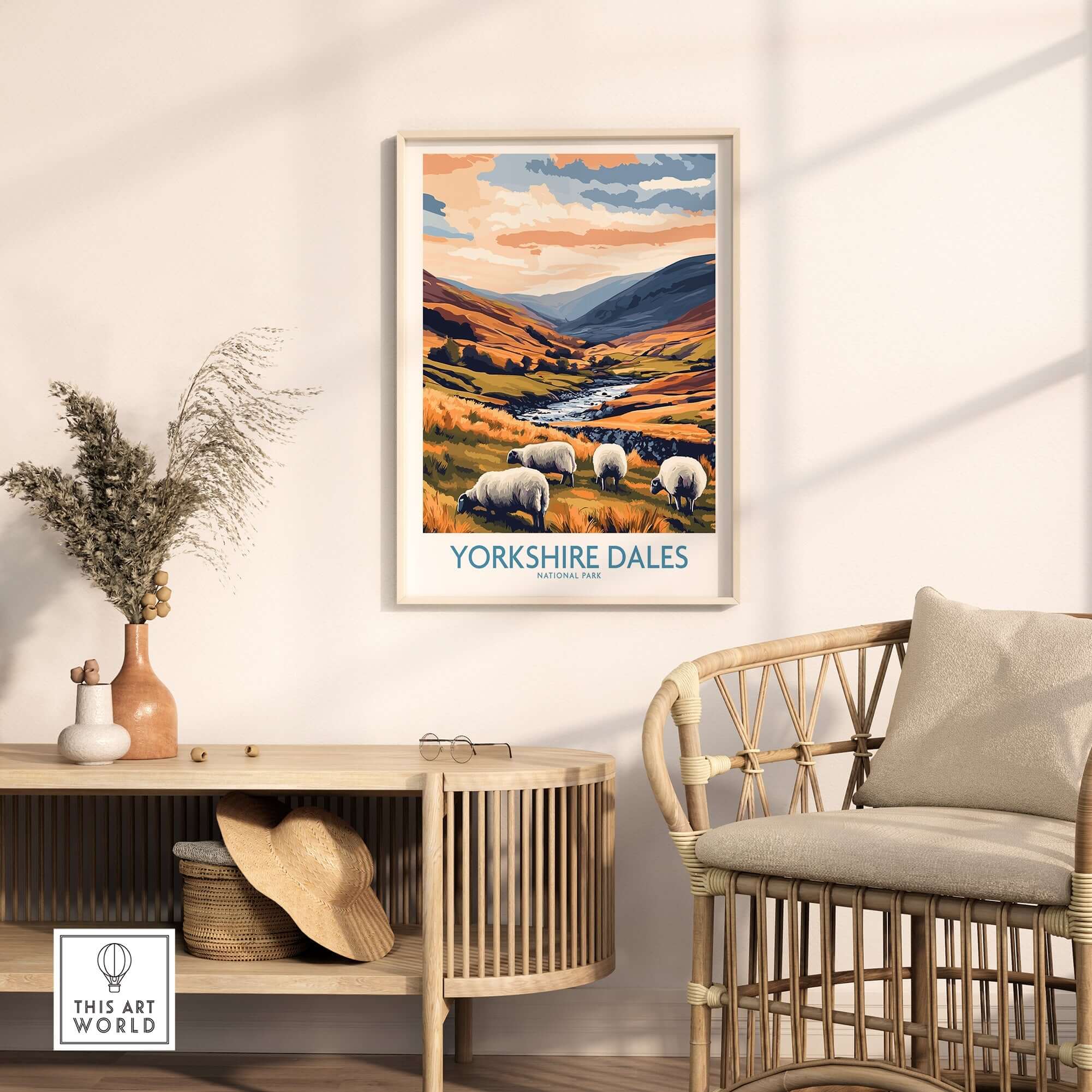 Yorkshire Dales National Park England Travel Poster showcasing scenic landscapes with sheep in a cozy living room setting.