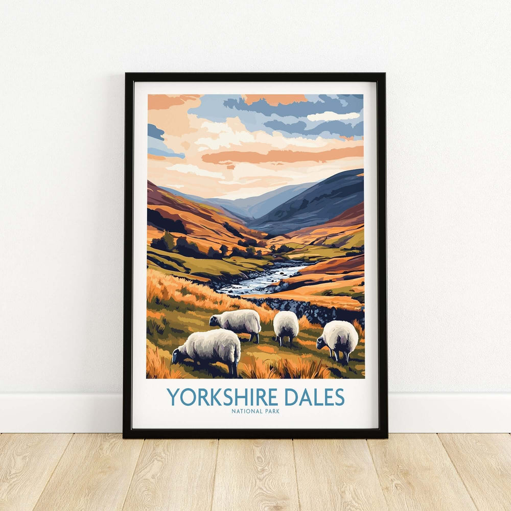 Yorkshire Dales National Park travel poster featuring grazing sheep and scenic landscapes in vibrant colors.