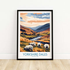 Yorkshire Dales National Park England Travel Poster featuring grazing sheep and a stunning landscape.