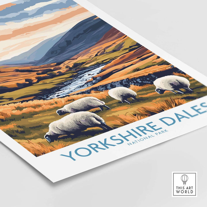 Yorkshire Dales National Park travel poster featuring grazing sheep in a scenic landscape of England.