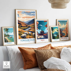 Yorkshire Dales National Park England Travel Poster showcased among travel art prints in a stylish living room.