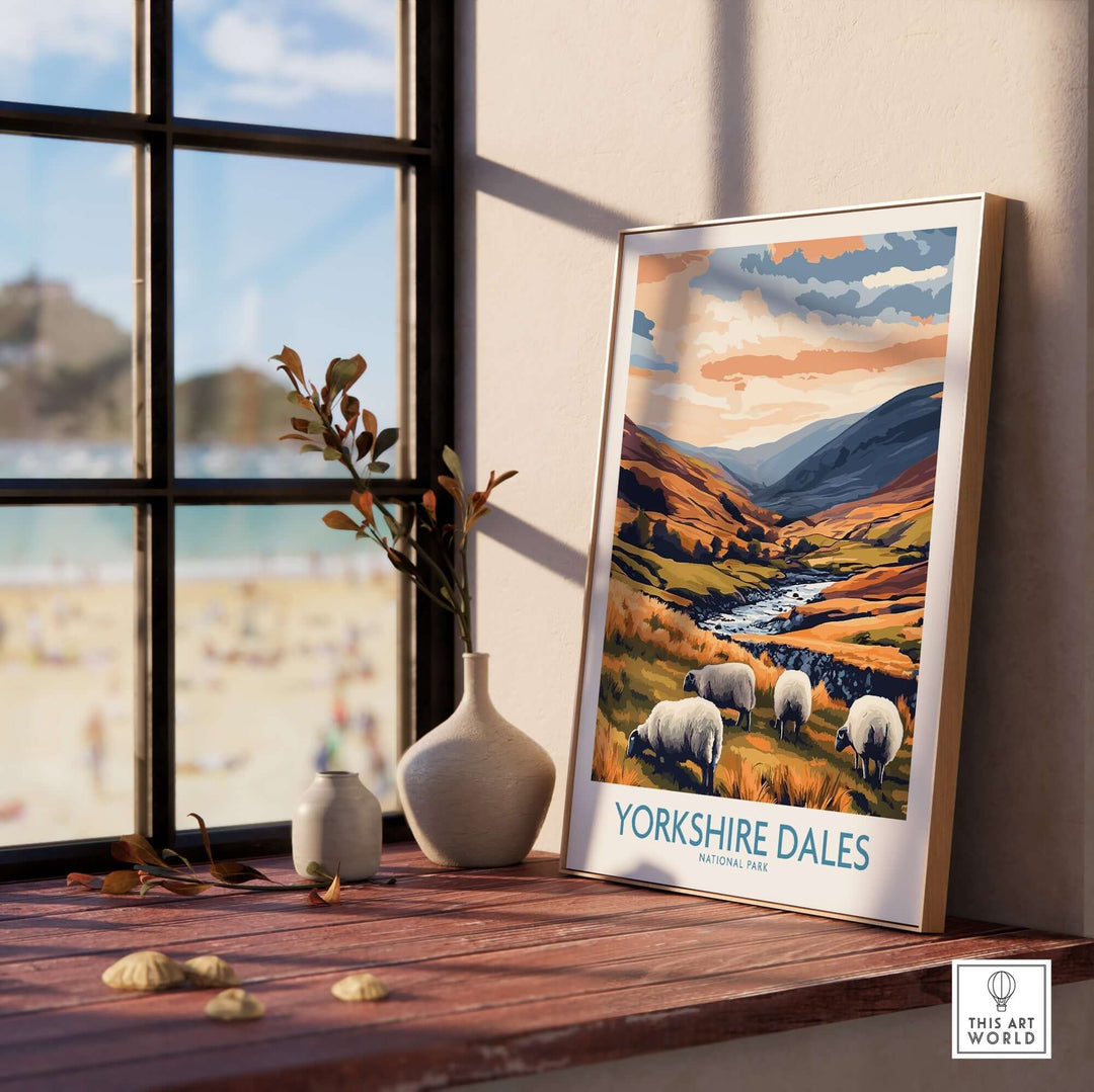 Yorkshire Dales National Park travel poster featuring grazing sheep and a scenic landscape by a window.