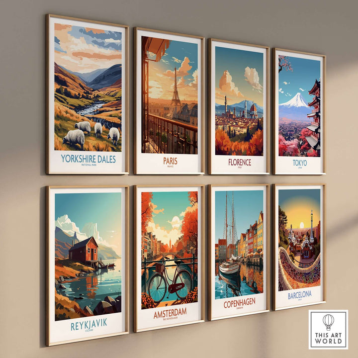 Collection of travel posters featuring Yorkshire Dales, Paris, Florence, Tokyo, Reykjavik, Amsterdam, Copenhagen, and Barcelona.