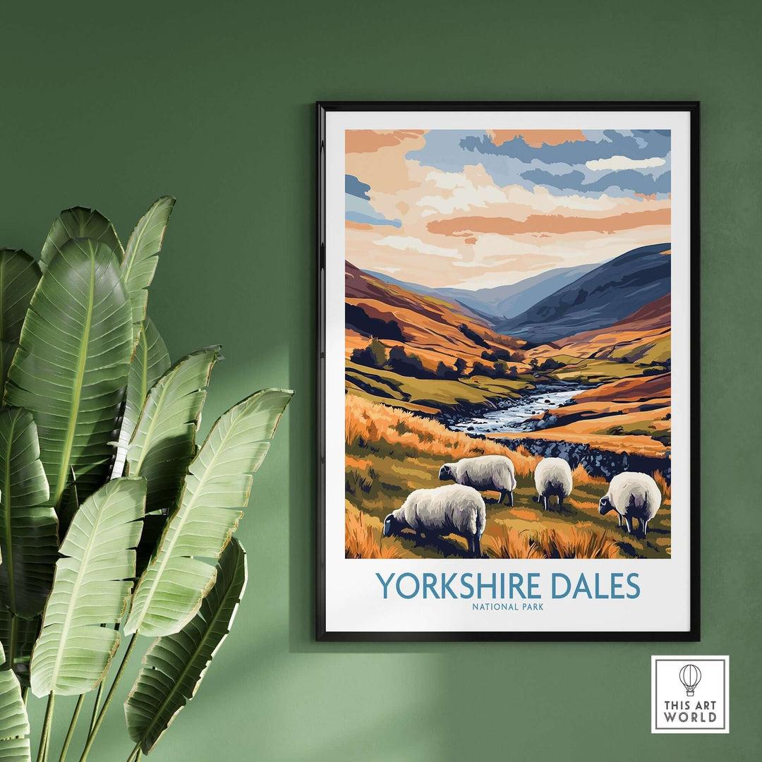 Yorkshire Dales National Park travel poster featuring grazing sheep and stunning countryside landscape, perfect for home decor.