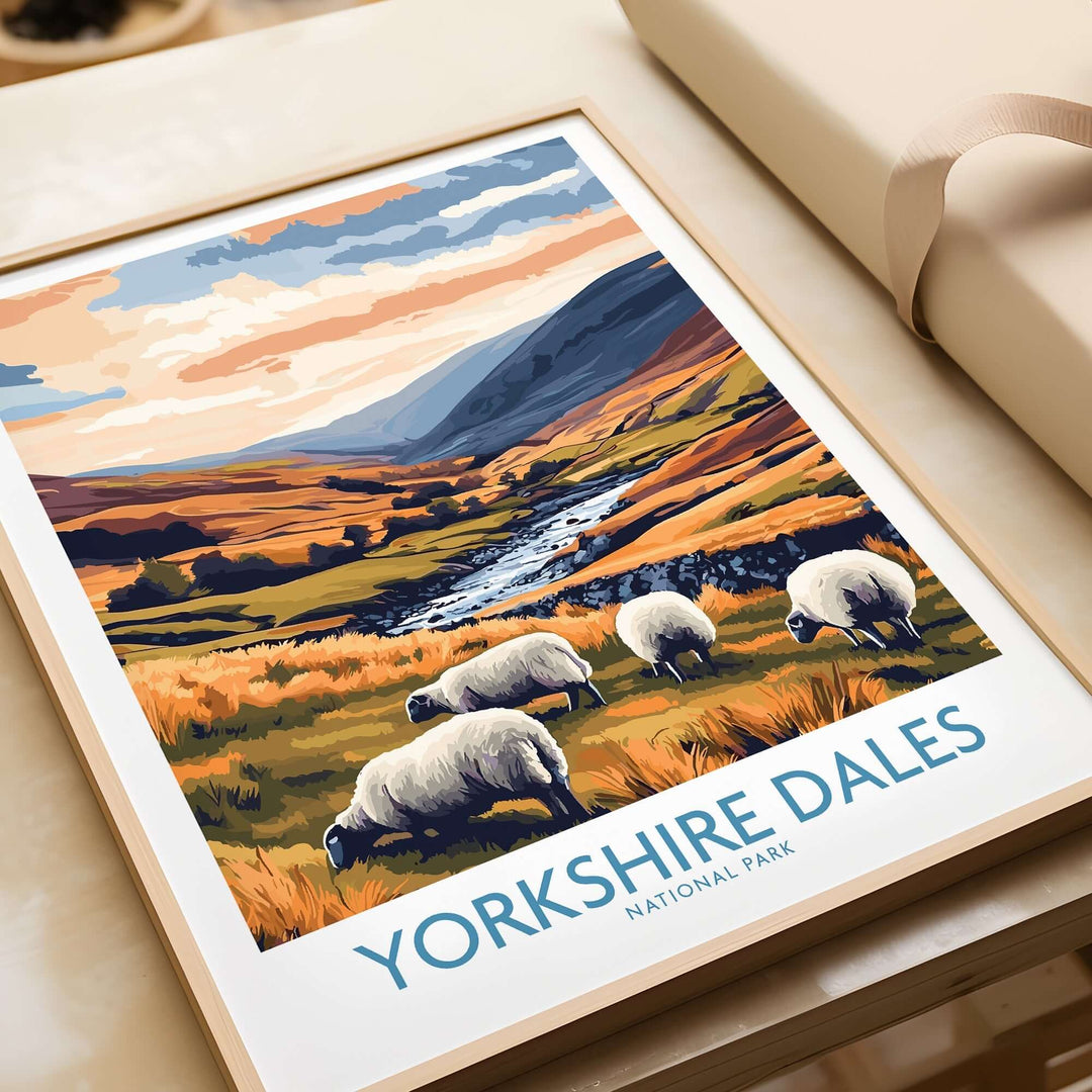 Yorkshire Dales National Park travel poster featuring grazing sheep and stunning landscape in vibrant colors.