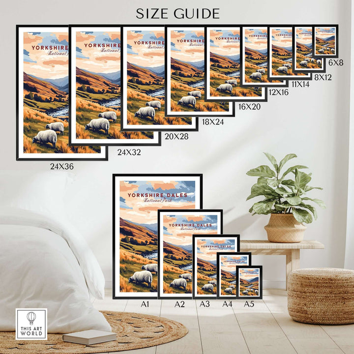 Yorkshire Dales National Park travel print size guide with various framed options displayed in a stylish interior setting.