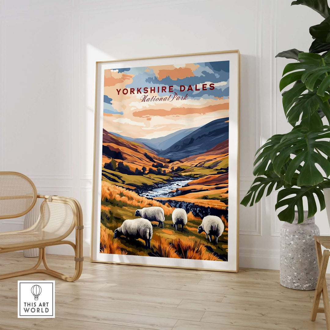 Yorkshire Dales National Park travel print featuring sheep and rolling hills, ideal for nature lovers and decor enthusiasts.