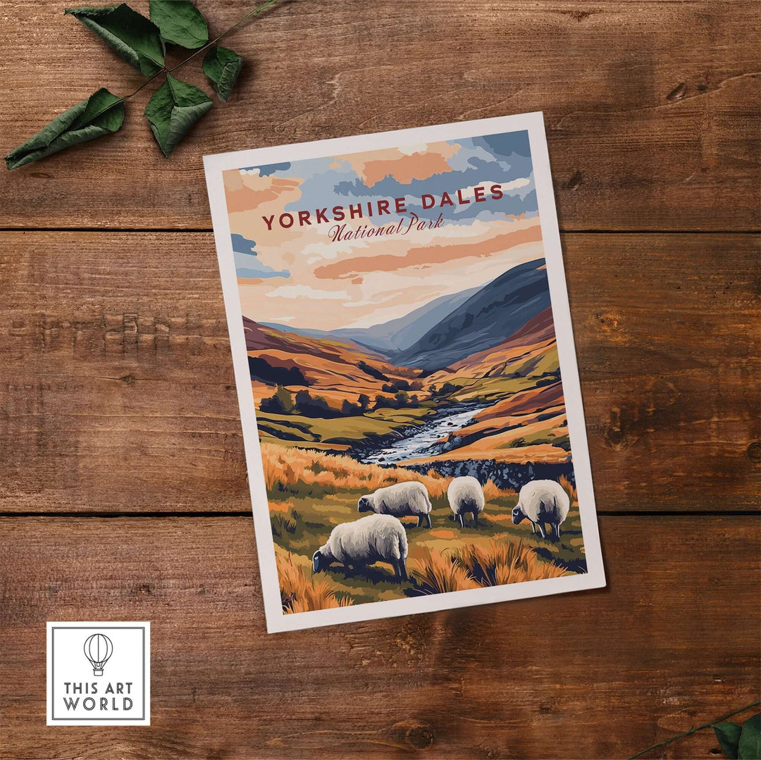 Yorkshire Dales National Park travel print featuring sheep on rolling hills and a river, perfect for nature lovers.