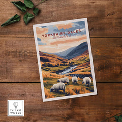 Yorkshire Dales National Park England Travel Print featuring sheep grazing in a scenic landscape.