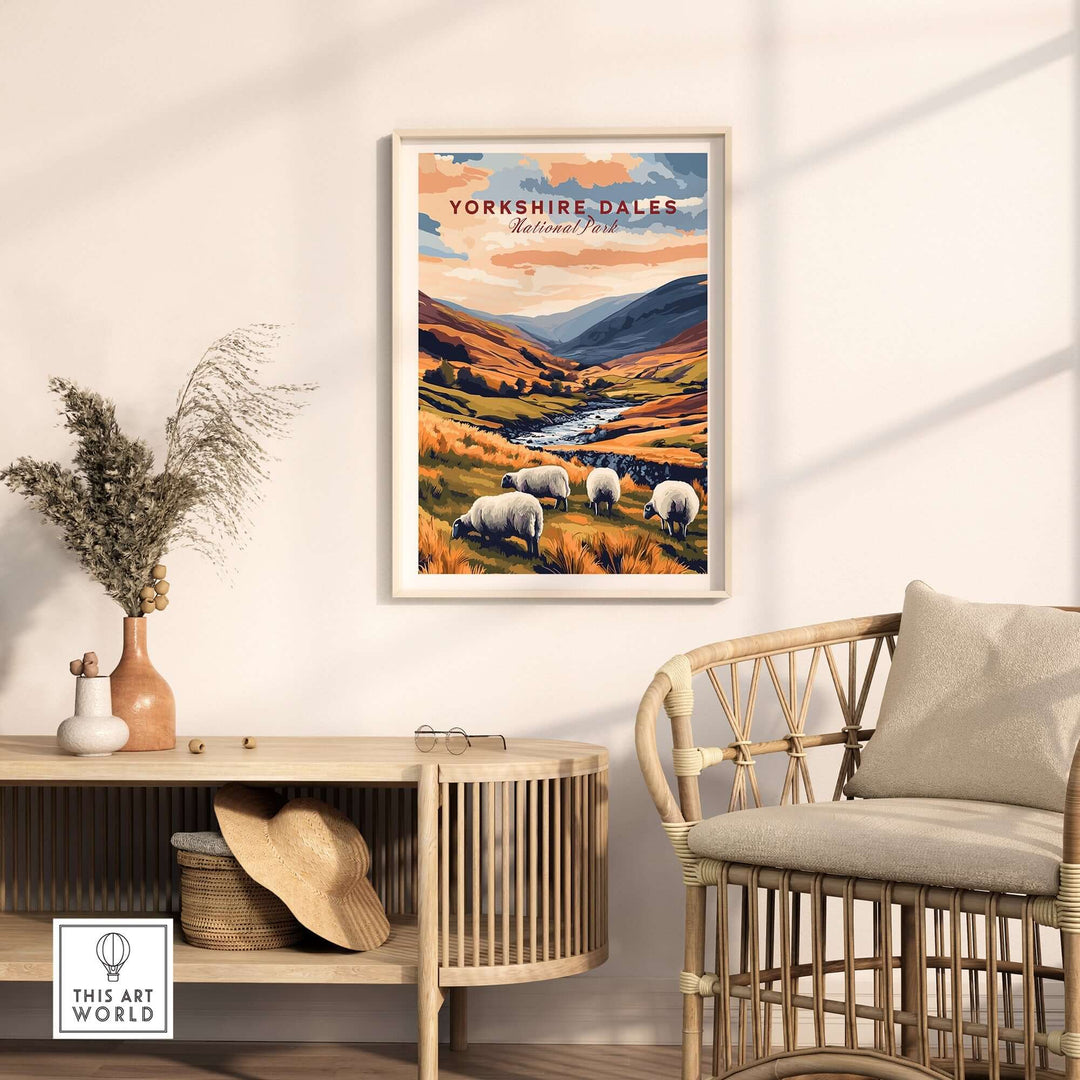 Yorkshire Dales National Park travel print with sheep grazing in a picturesque landscape, displayed in a cozy living space.