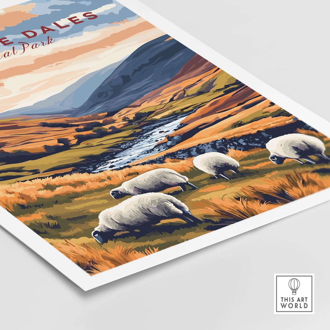 Yorkshire Dales National Park travel print featuring grazing sheep and beautiful rolling hills of England.