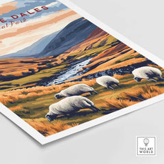 Yorkshire Dales National Park England Travel Print featuring sheep grazing in a picturesque landscape.