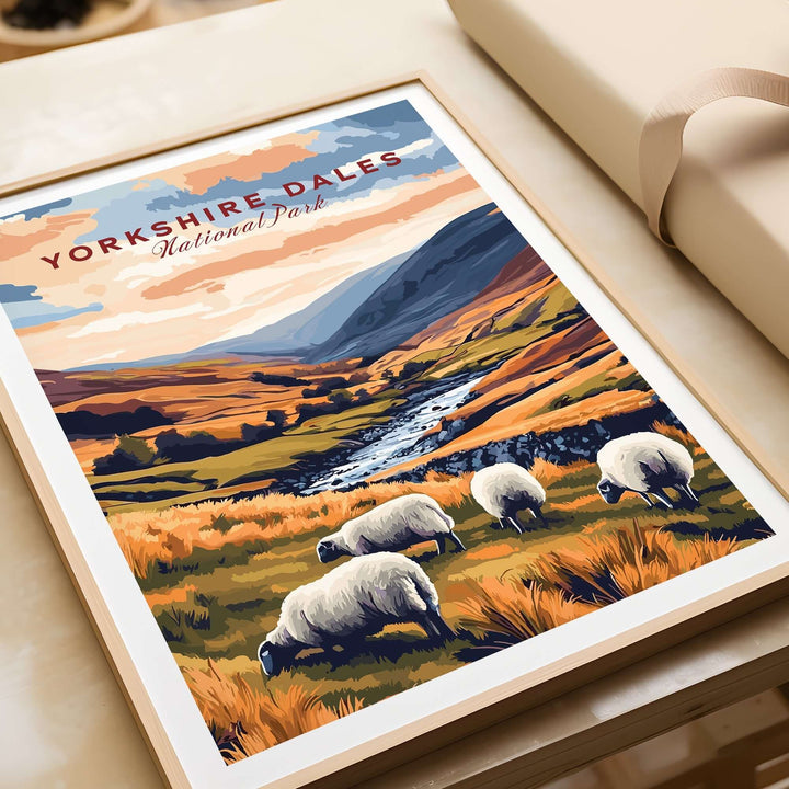 Yorkshire Dales National Park travel print featuring grazing sheep and scenic landscapes of England. Perfect for nature lovers.