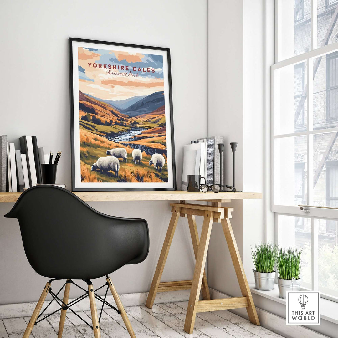 Yorkshire Dales National Park travel print with sheep in a serene landscape, displayed in a modern home office setting.