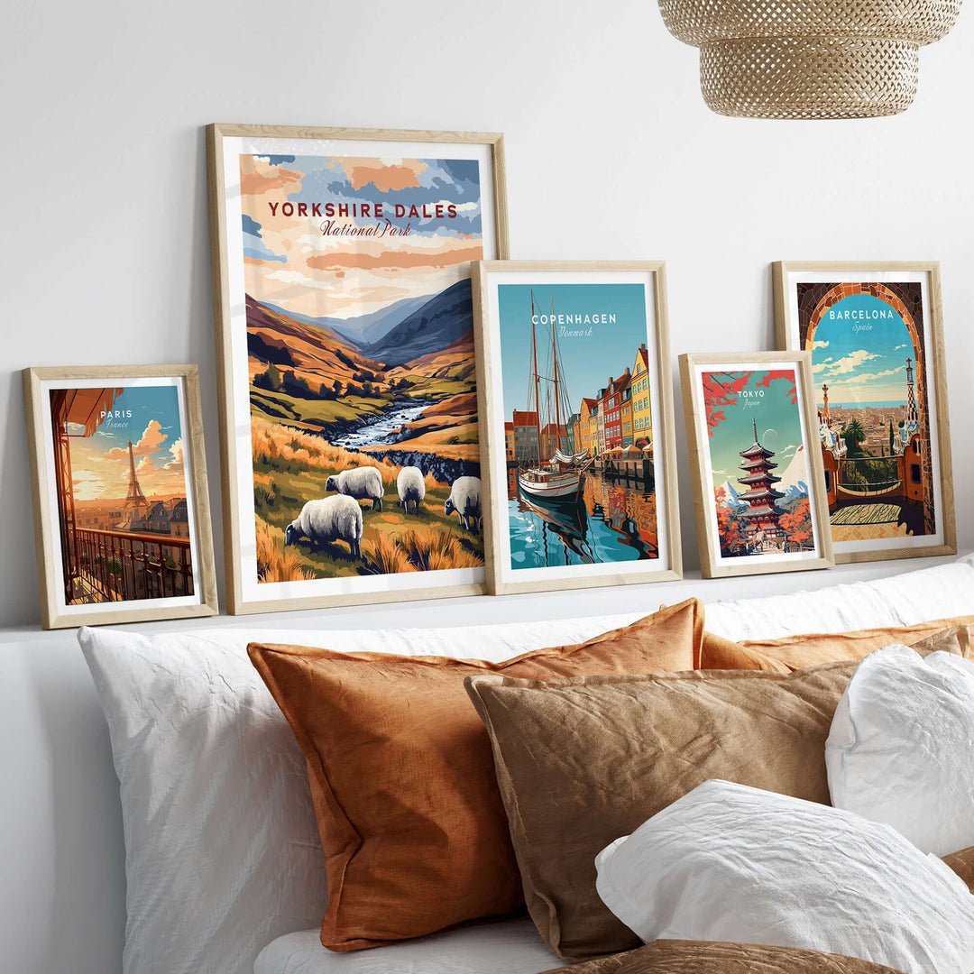 Yorkshire Dales National Park travel print displayed among various city prints on a stylish wall.