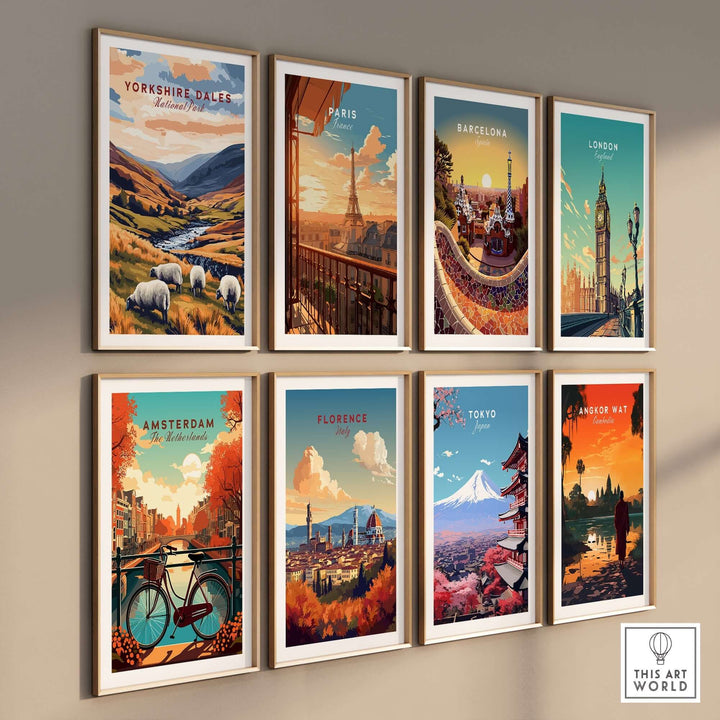 Gallery wall of travel prints featuring Yorkshire Dales, Paris, Barcelona, London, Amsterdam, Florence, Tokyo, and Angkor Wat.