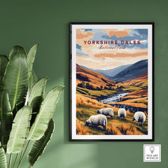 Yorkshire Dales National Park England Travel Print featuring sheep grazing in a scenic landscape.