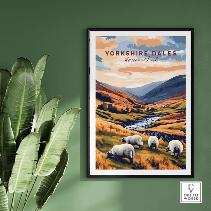 Yorkshire Dales National Park travel print showcasing sheep grazing in a picturesque landscape with rolling hills and a river.