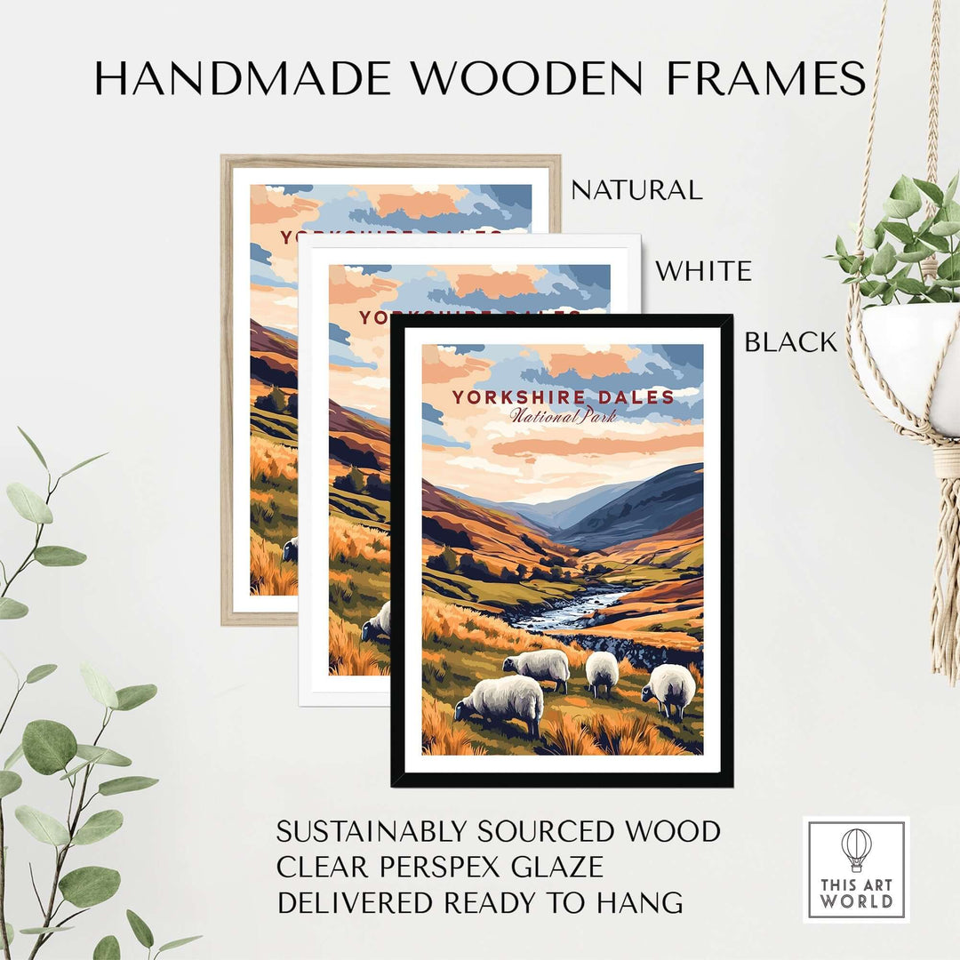 Handmade wooden frames in natural, white, and black showcasing Yorkshire Dales travel print with sheep in a scenic landscape.