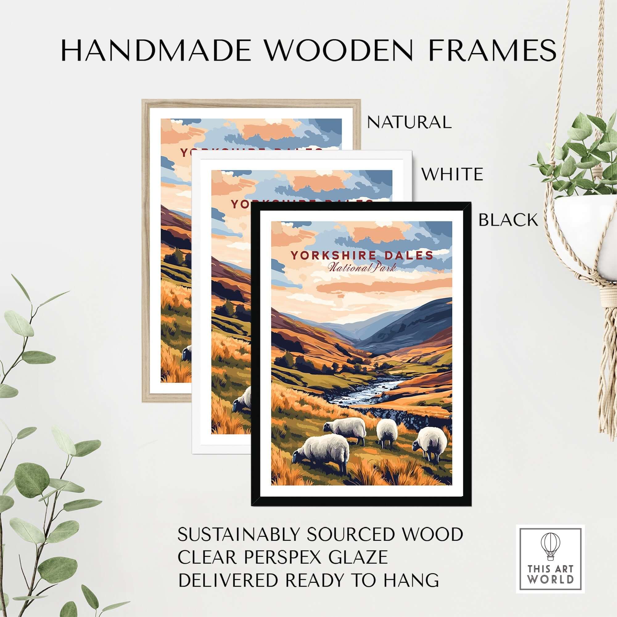 Handmade wooden frames for Yorkshire Dales National Park England Travel Print in natural, white, and black options.