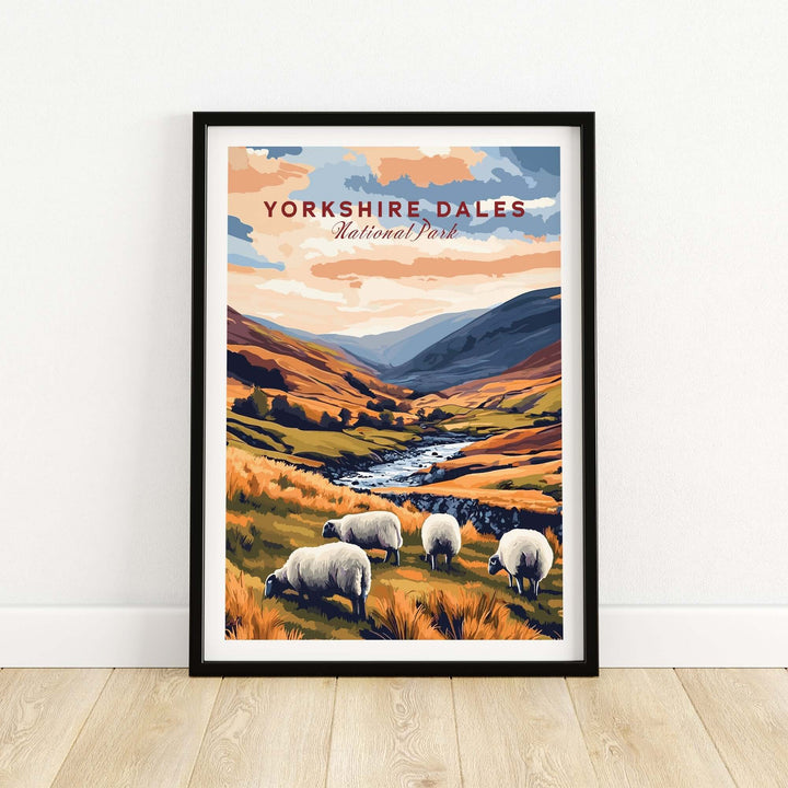 Yorkshire Dales National Park travel print featuring sheep grazing in a scenic landscape of rolling hills in England.