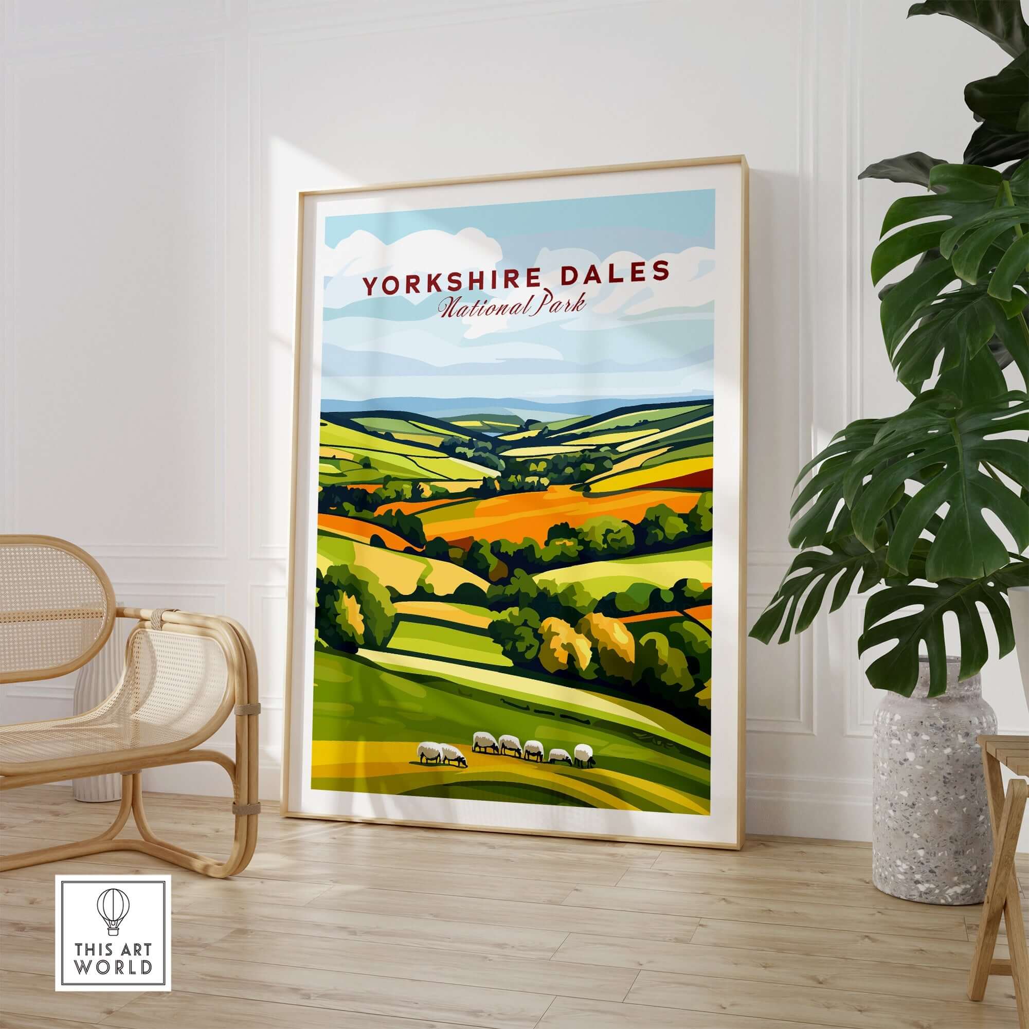 Yorkshire Dales National Park England Wall Art showcasing vibrant landscape and sheep in a stylish interior setting.