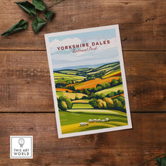 Yorkshire Dales National Park England Wall Art depicting lush green landscapes and sheep on a rustic wooden background.