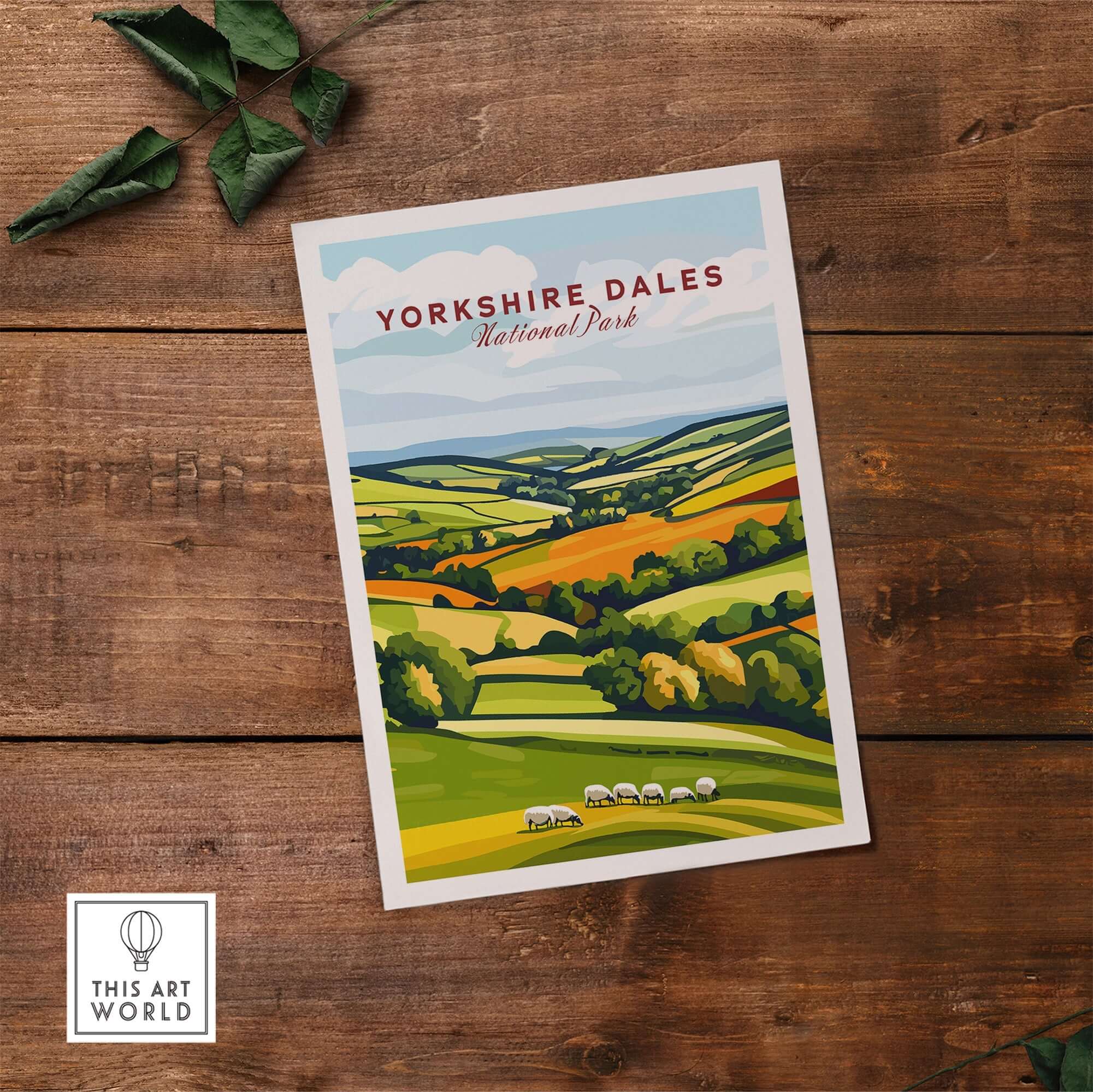 Yorkshire Dales National Park England Wall Art depicting lush green landscapes and sheep on a rustic wooden background.