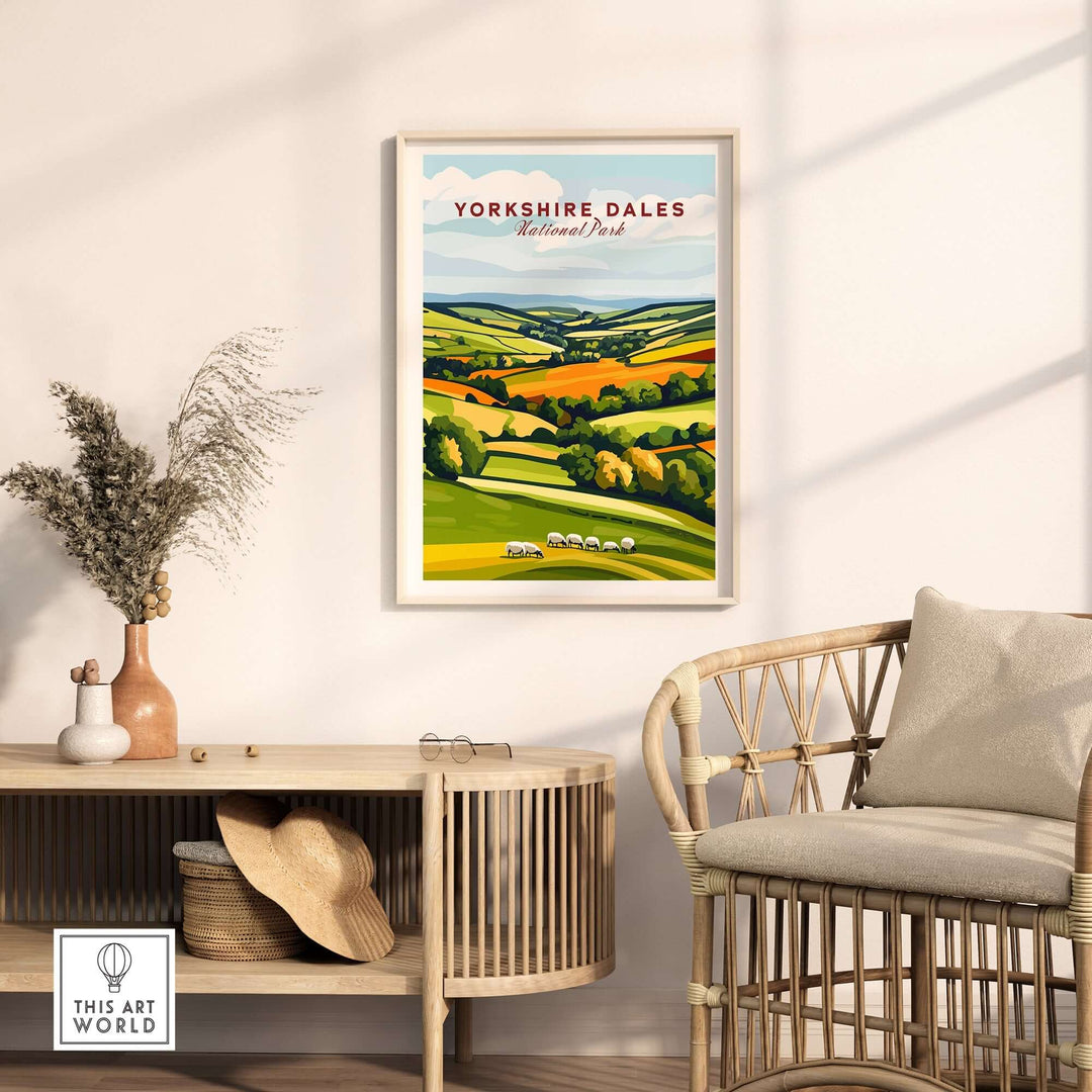 Framed wall art of Yorkshire Dales National Park showcasing rolling hills and sheep in a stylish interior setting.