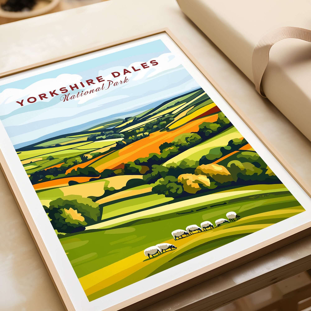 Yorkshire Dales National Park wall art featuring vibrant landscapes and sheep in a framed print.