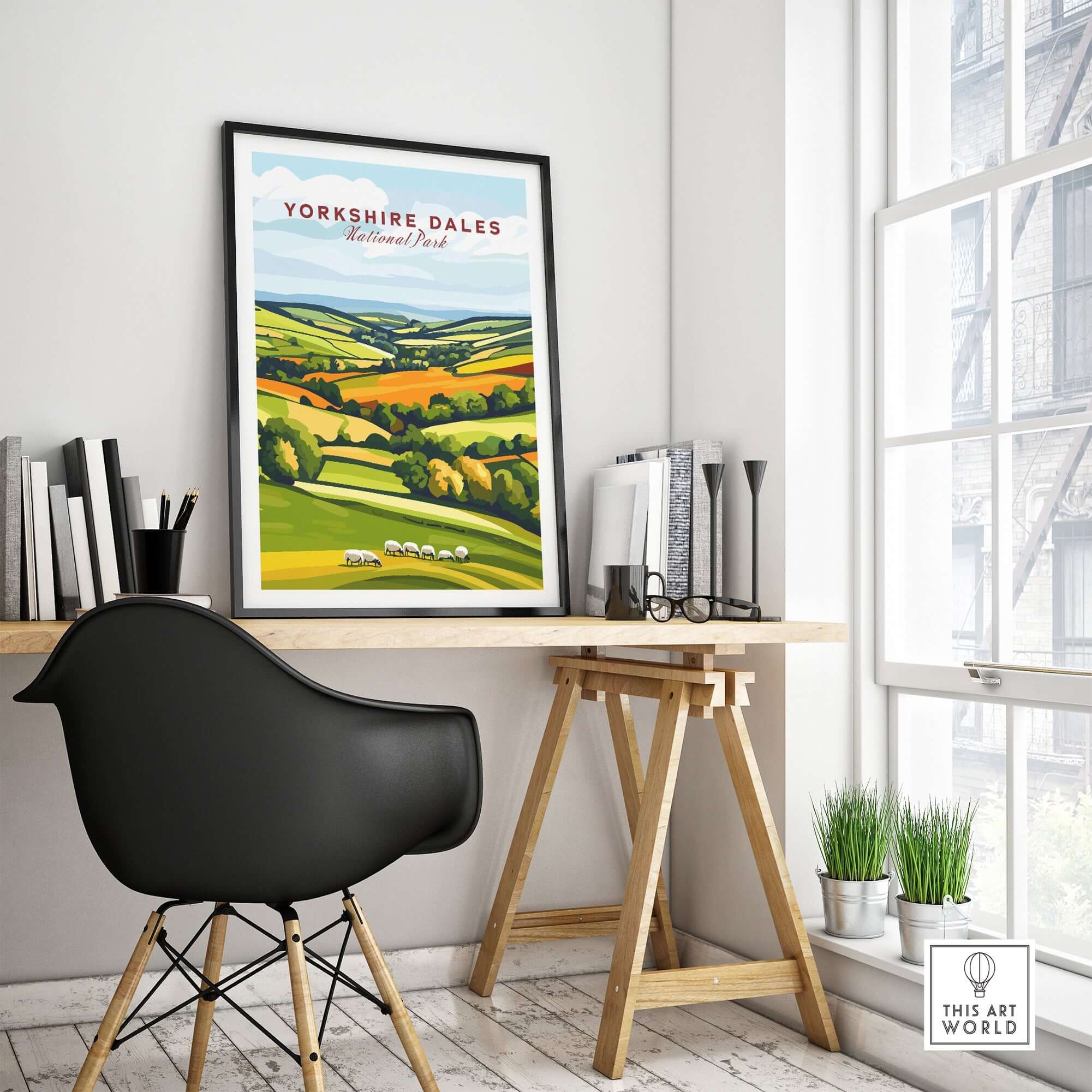 Yorkshire Dales National Park England Wall Art displayed in a modern workspace, showcasing vibrant countryside scenery.