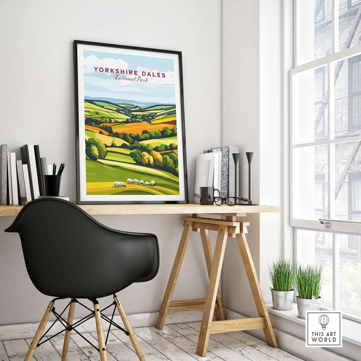 Yorkshire Dales National Park wall art displayed in a modern room with a desk and chair, showcasing vibrant landscapes and sheep.