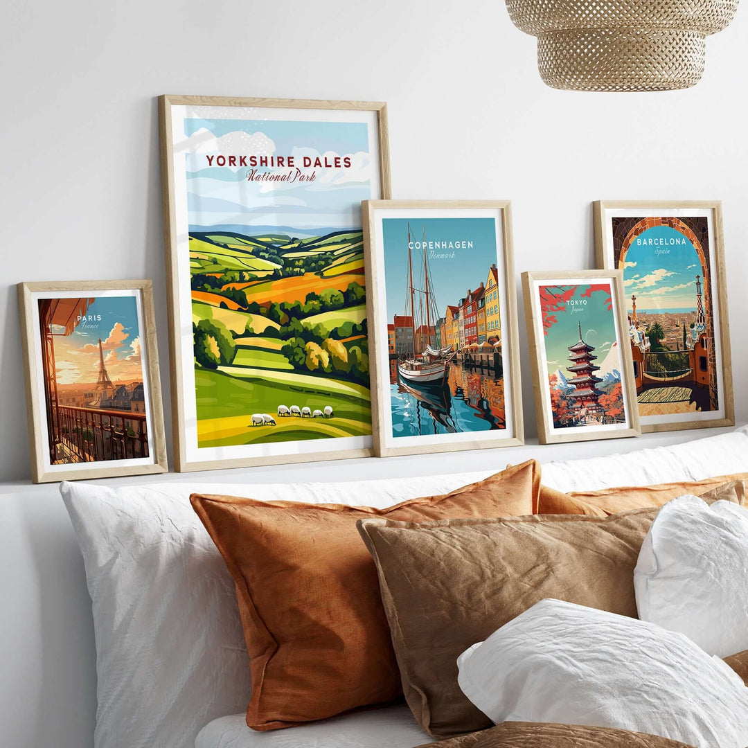 Framed wall art featuring Yorkshire Dales National Park alongside other city landscapes, enhancing interior decor.