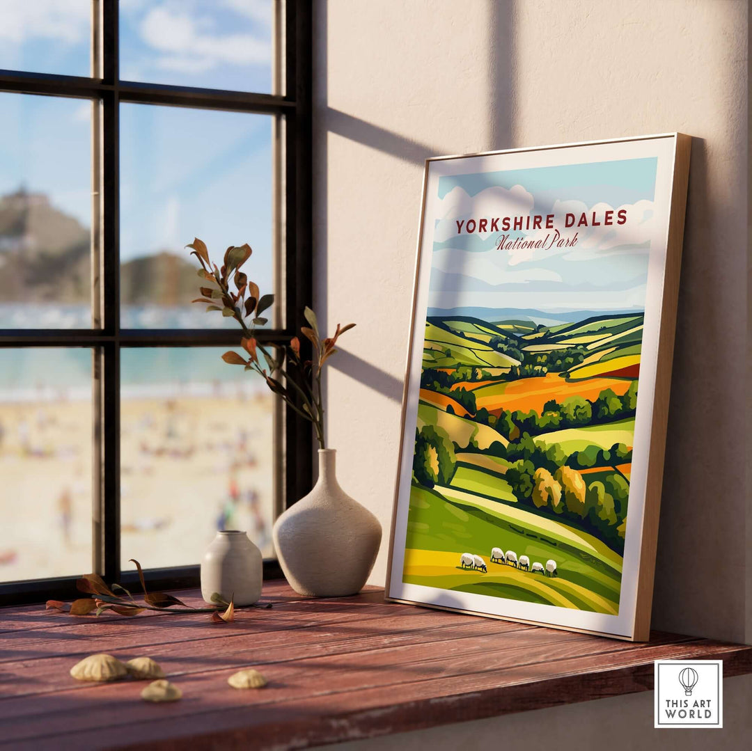 Yorkshire Dales National Park wall art displayed in a bright room by the window, showcasing lush countryside landscape and sheep.