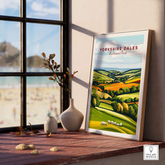 Yorkshire Dales National Park England Wall Art displayed in a bright room with a view of the beach.
