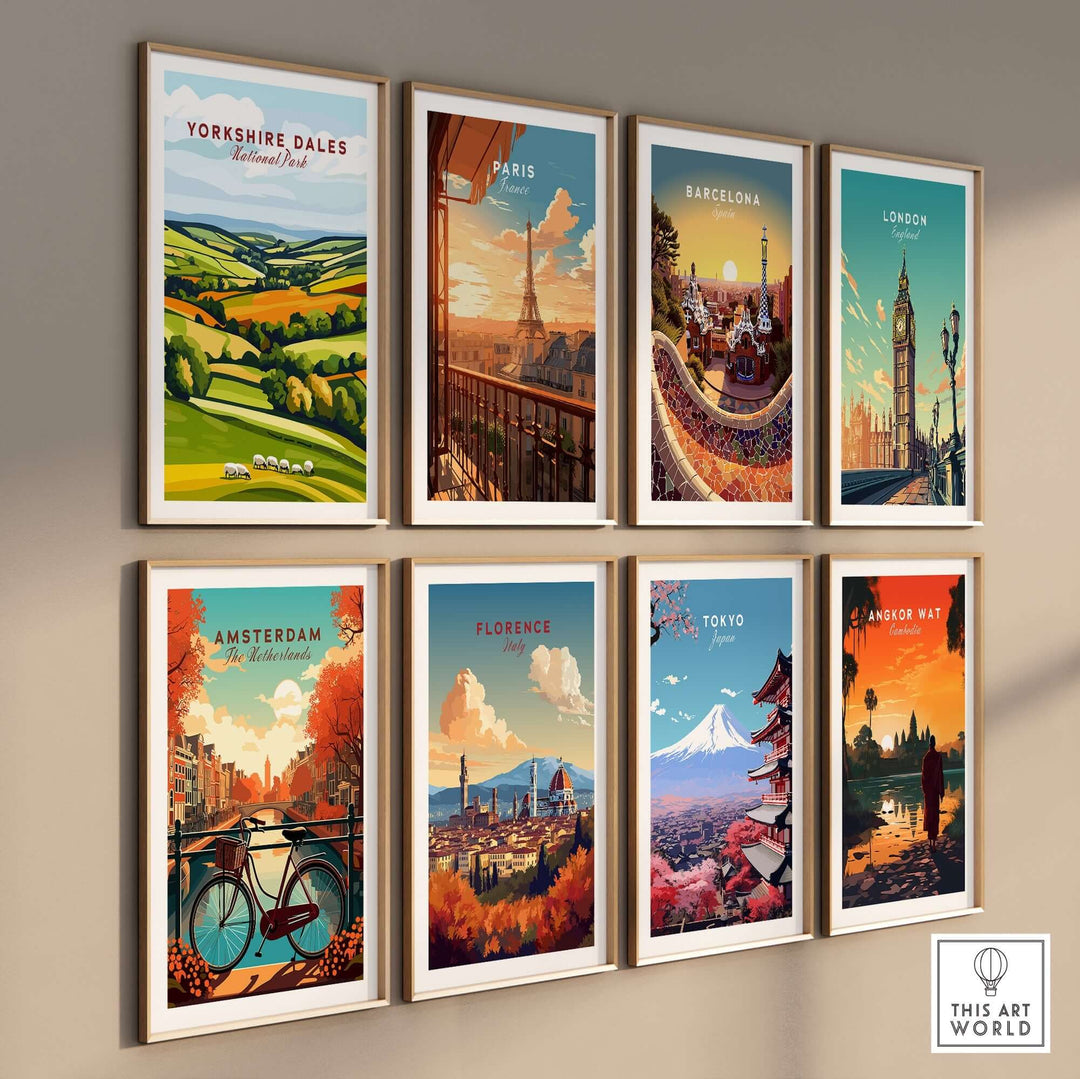 Collage of wall art featuring iconic landscapes from Yorkshire Dales, Paris, Barcelona, London, Amsterdam, Florence, Tokyo, and Angkor Wat.