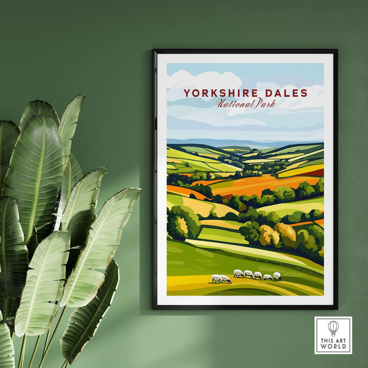 Yorkshire Dales National Park wall art showcasing lush landscapes and sheep against a green backdrop.