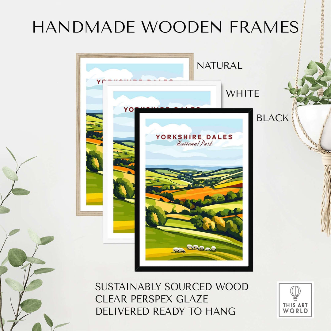 Handmade wooden frames in natural, white, and black for Yorkshire Dales wall art, made from sustainable wood.