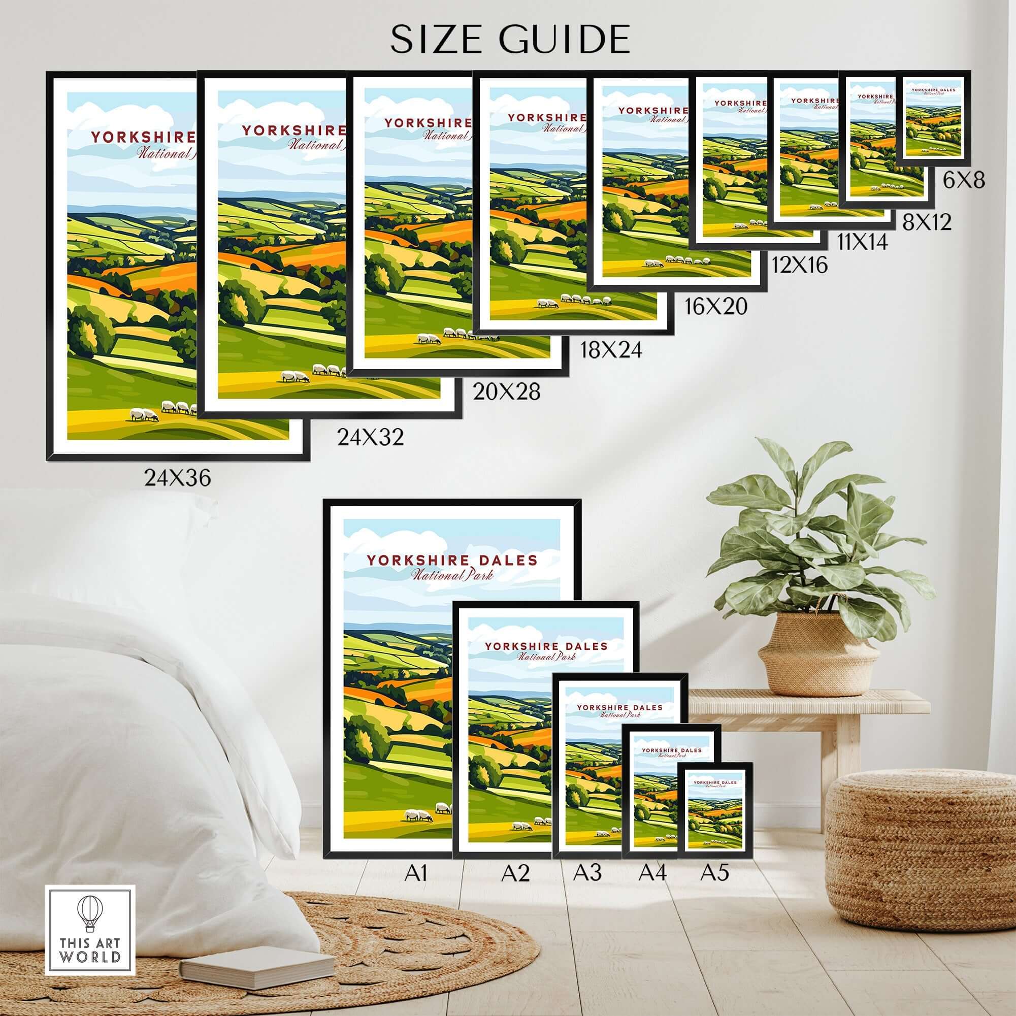 Size guide for Yorkshire Dales National Park England Wall Art in various dimensions displayed in a stylish interior setting.